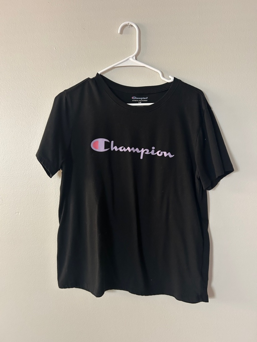 Champion Black T‑Shirt with Lavender and Pink Logo
